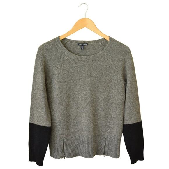 EILEEN FISHER Merino Wool + Yak Gray Black Colorblock Crew Neck Sweater - Picture 2 of 8